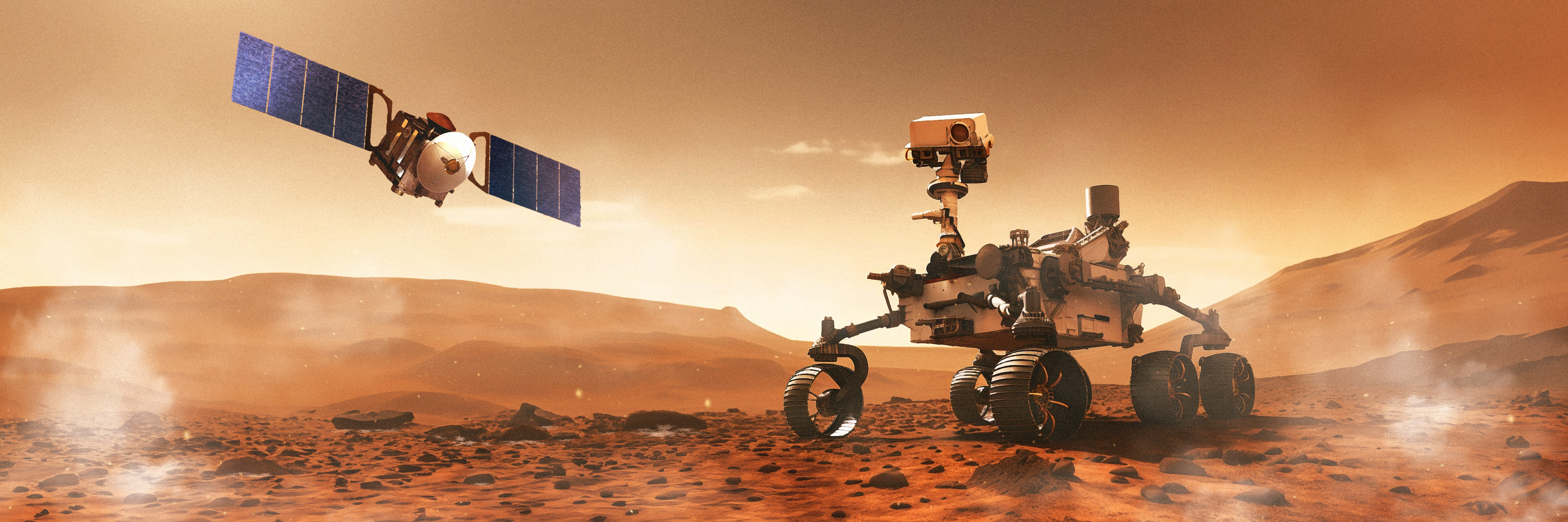 Project illustration of a satellite and a rover on Mars.
