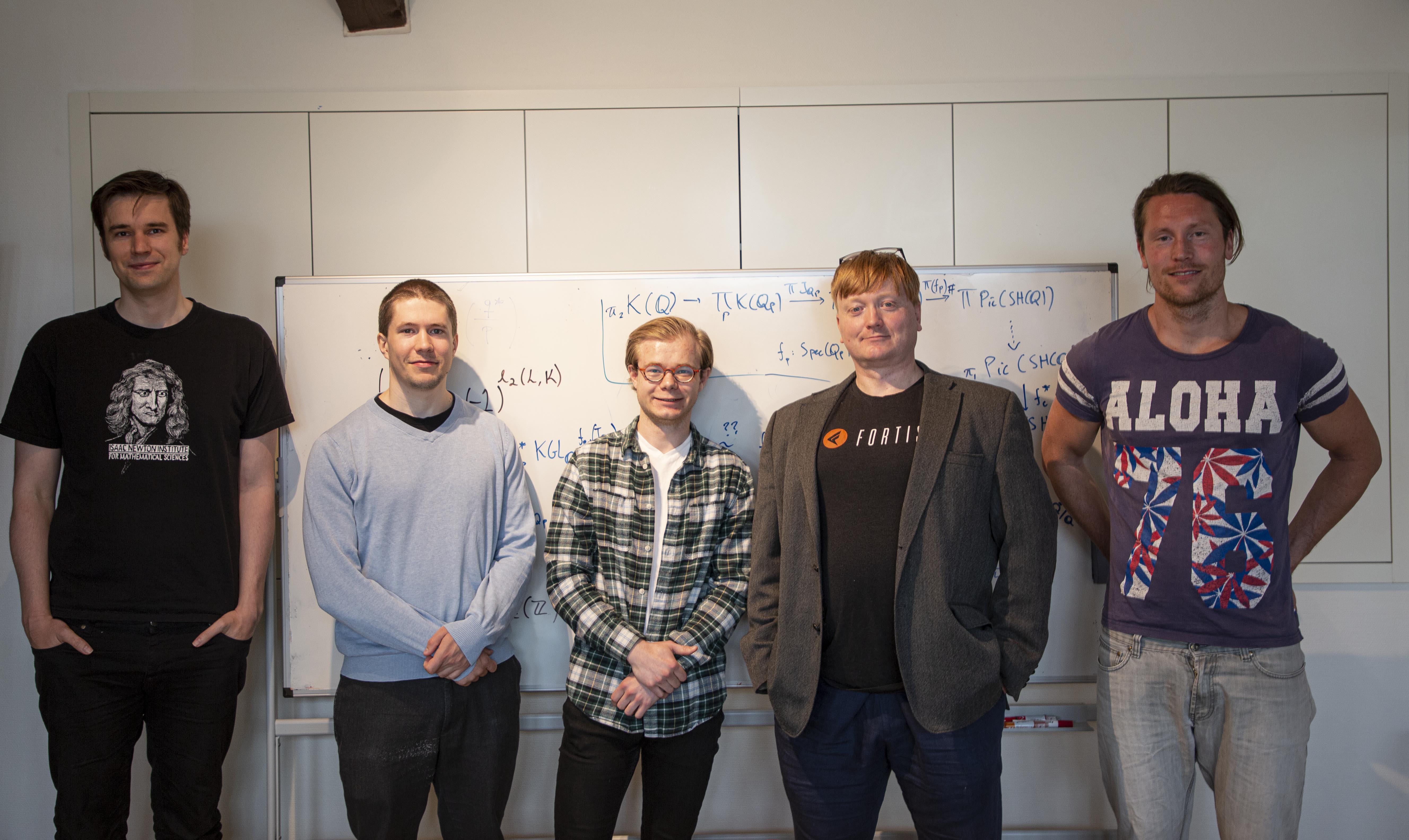 Project leader Paul Arne Østvær together with four of his project participants. From the left: John Christian Ottem, professor at UiO, Dr. Håkon Kolderup, Nikolai Thode Opdan, a master’s degree student at UiO, and Ola Sande, a Ph.D. candidate at UiO. Photo: Marit Fiksdal / Centre for Advanced Study (CAS)