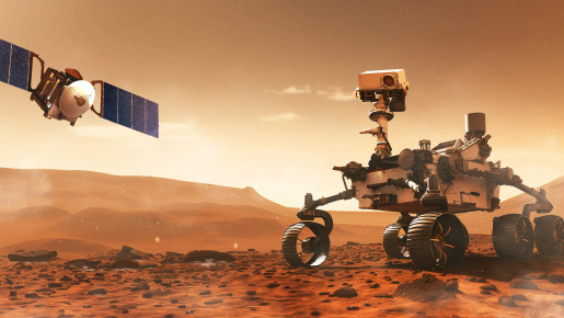 Project illustration of a satellite and a rover on Mars.